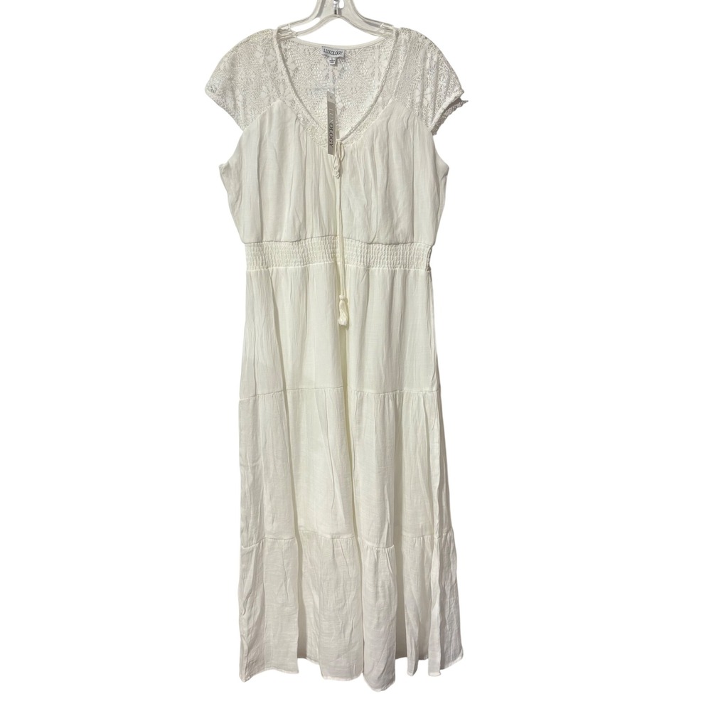 Luxology Womens White Lace Yoke Tiered Maxi Dress Boho Smocked Waist Large NWT